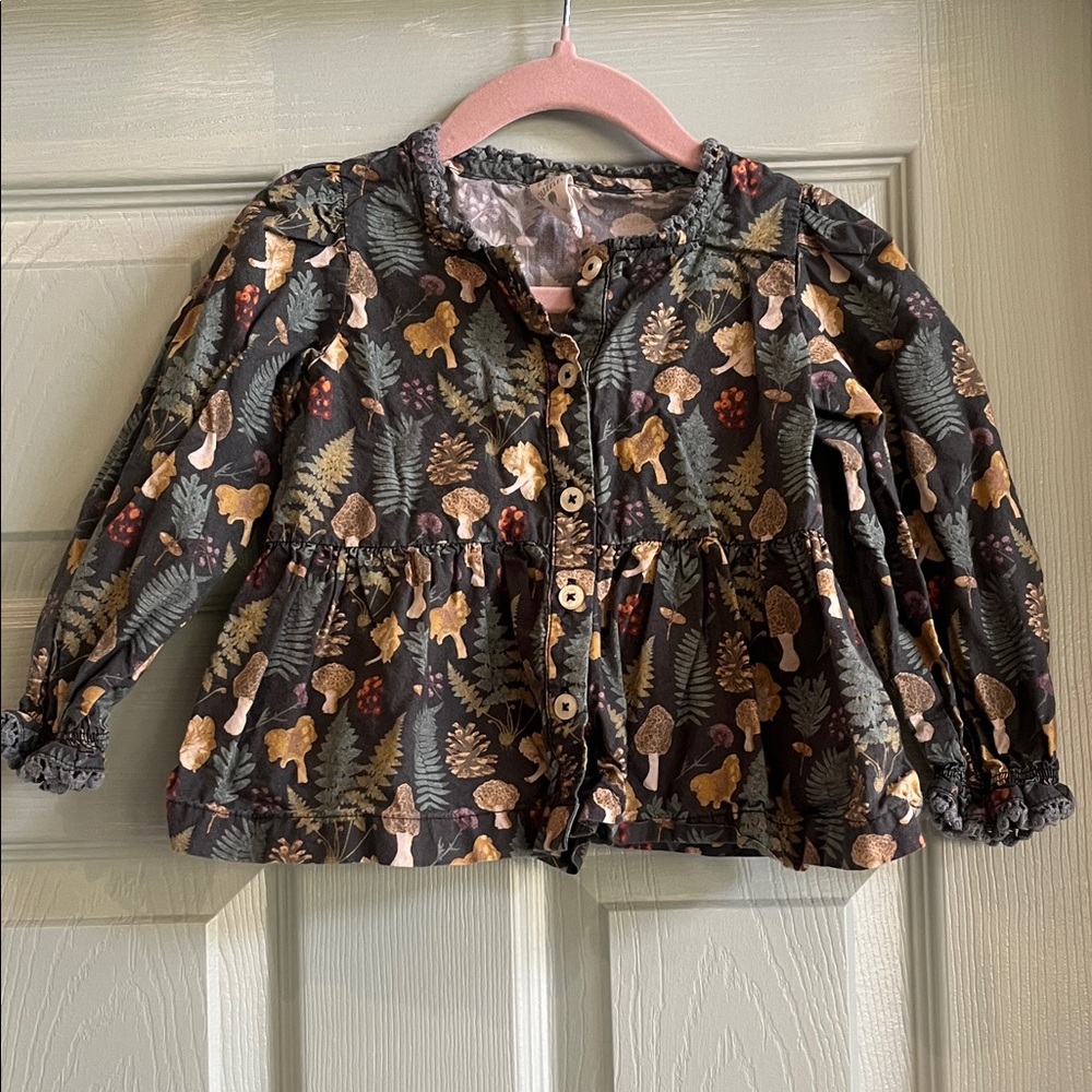 Kate quinn Dark Forest mushroom print Button-Front Top in Black, Green, Tan